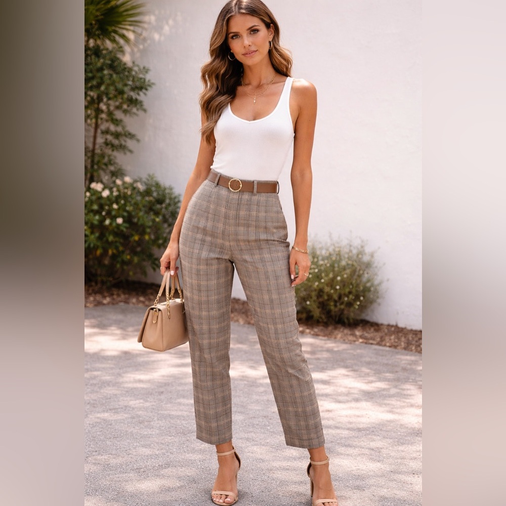 LOFT Taupe Plaid High-Rise Straight Trousers